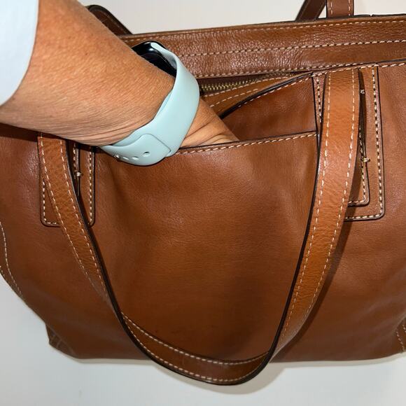 Fossil Emma Leather Tote Handbag Caramel Brown Large Capacity Laptop Zip Top - Picture 10 of 16